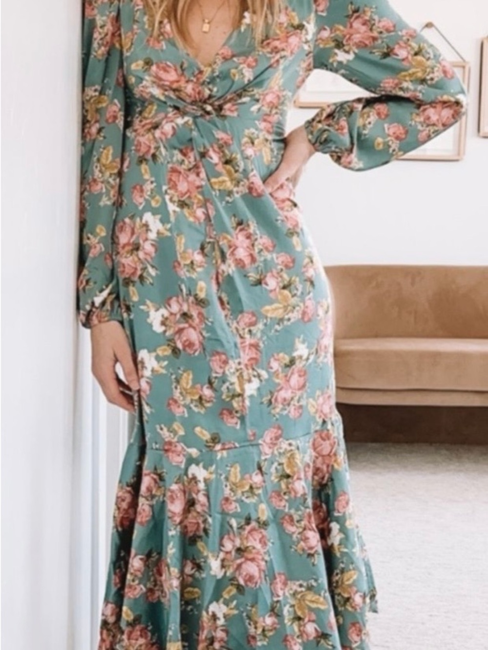 Astr Floral Twist-Front Maxi Dress in Seafoam Green with Pink Roses